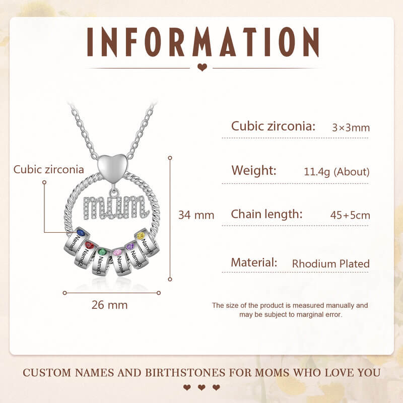 Personalised Mum Necklace with 1-6 Birthstone Engraved Beads