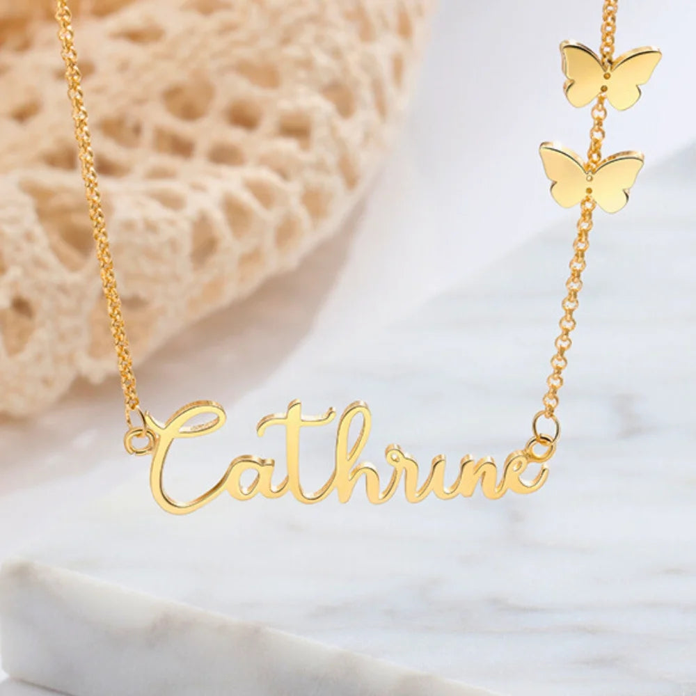 Personalised Name Necklace Two Butterfly Charms, Sterling Silver Name Necklace, Gold/Silver/Rose Gold Custom Name Necklace