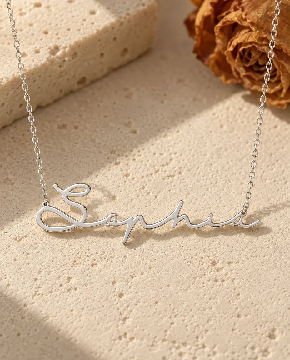 Personalised Cursive Name Necklace - front view in silver