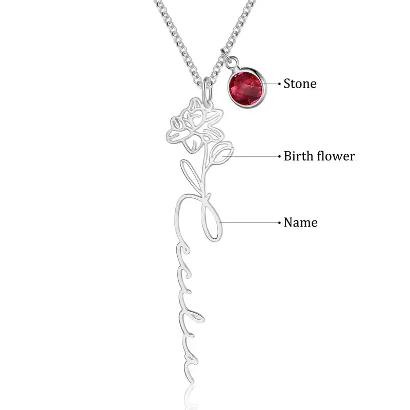 Name Necklace Silver/Gold/Rose Gold | Sterling Silver Name Necklace with Birthstone | Name Necklace with Birthflower