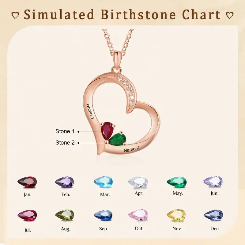 Personalised Necklace for Mum | Birthstone Necklace Heart-Shaped Pendant | Engraved Names Family Necklace | 2 Colours