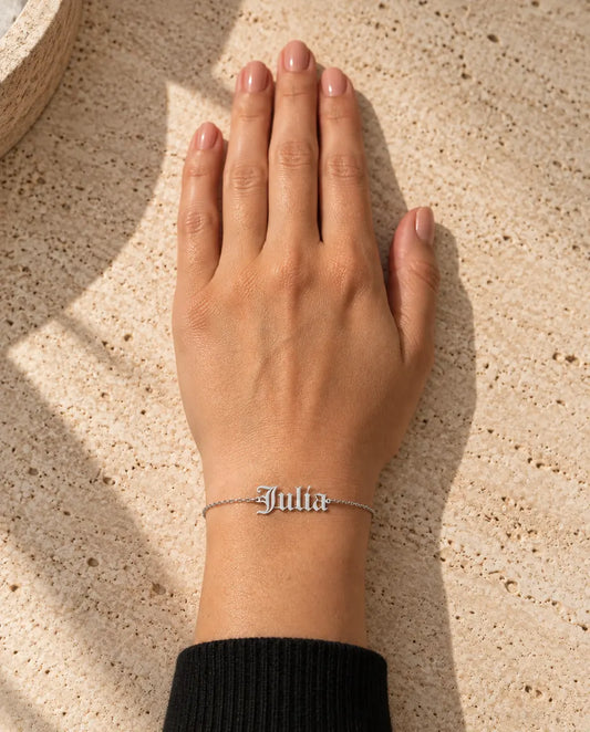 Personalised Old English Name Bracelet for Women - worn on a model