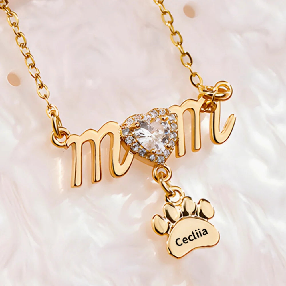 Personalised 1-5 Paw Charm Mum Necklace, Engraved Name Necklace, Personalised Necklace for Mom