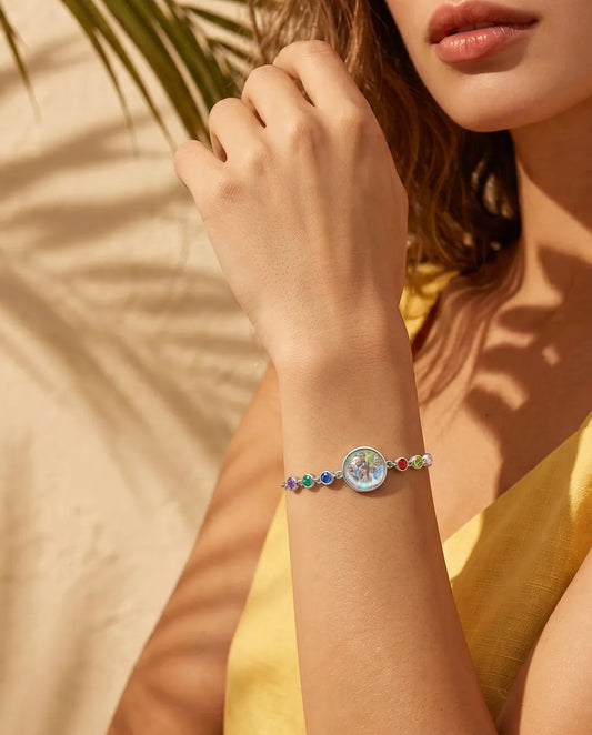 Personalised Photo Bracelet with 1-6 Birthstones - worn on a model