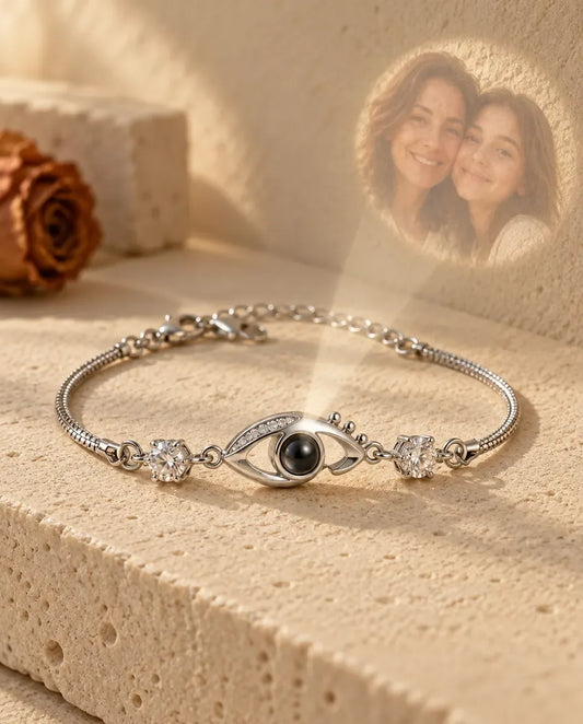 Personalised Evil Eye Photo Projection Bracelet - projecting the hidden photo onto a wall