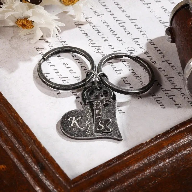 Matching Couples Keyrings, Personalised Engraved Keyrings with Initial, Customised Keyrings with Date