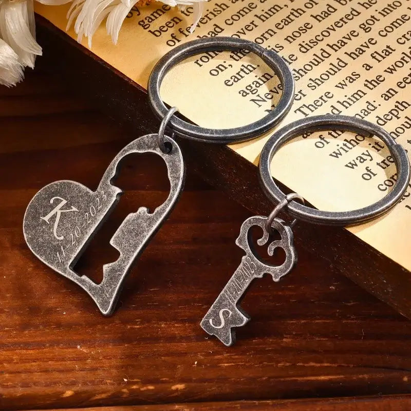 Matching Couples Keyrings, Personalised Engraved Keyrings with Initial, Customised Keyrings with Date