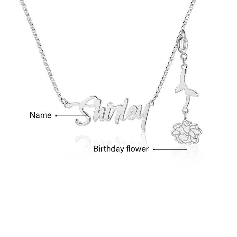 Personalised Sterling Silver Name Necklace with Birthflower | Nickname Necklace | Name Necklace Silver/Rose Gold/Yellow Gold
