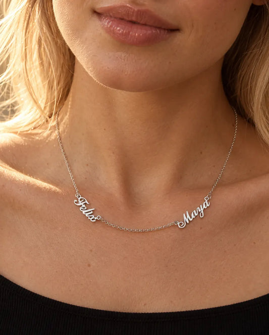 Personalised Two Name Necklace in 925 Sterling Silver - Two Script Nameplates Joined by Chain - worn on a model