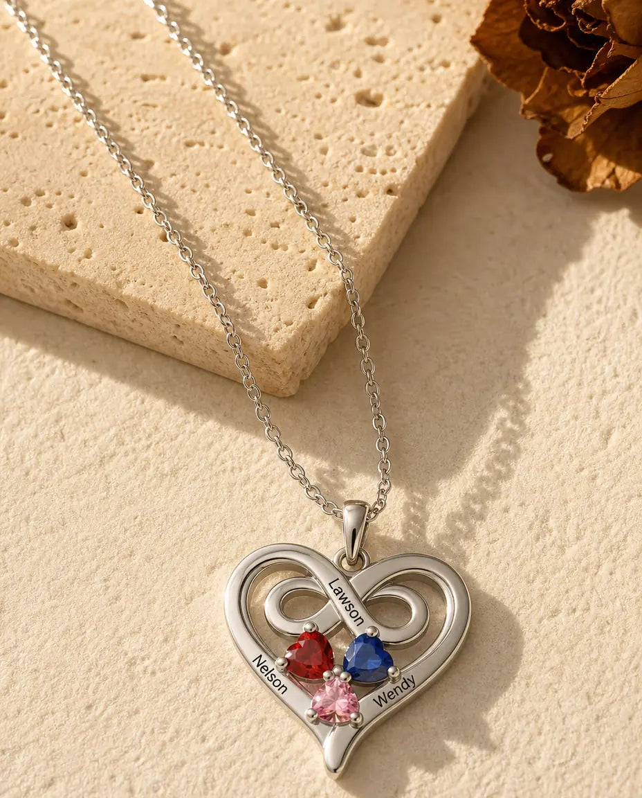 Personalised heart birthstone necklace with 3 engraved names and 3 heart-cut birthstones