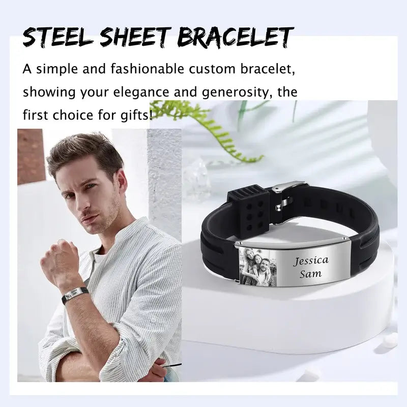 Photo Bracelet for Him - Men's Engraved Name Bracelet Stainless Steel