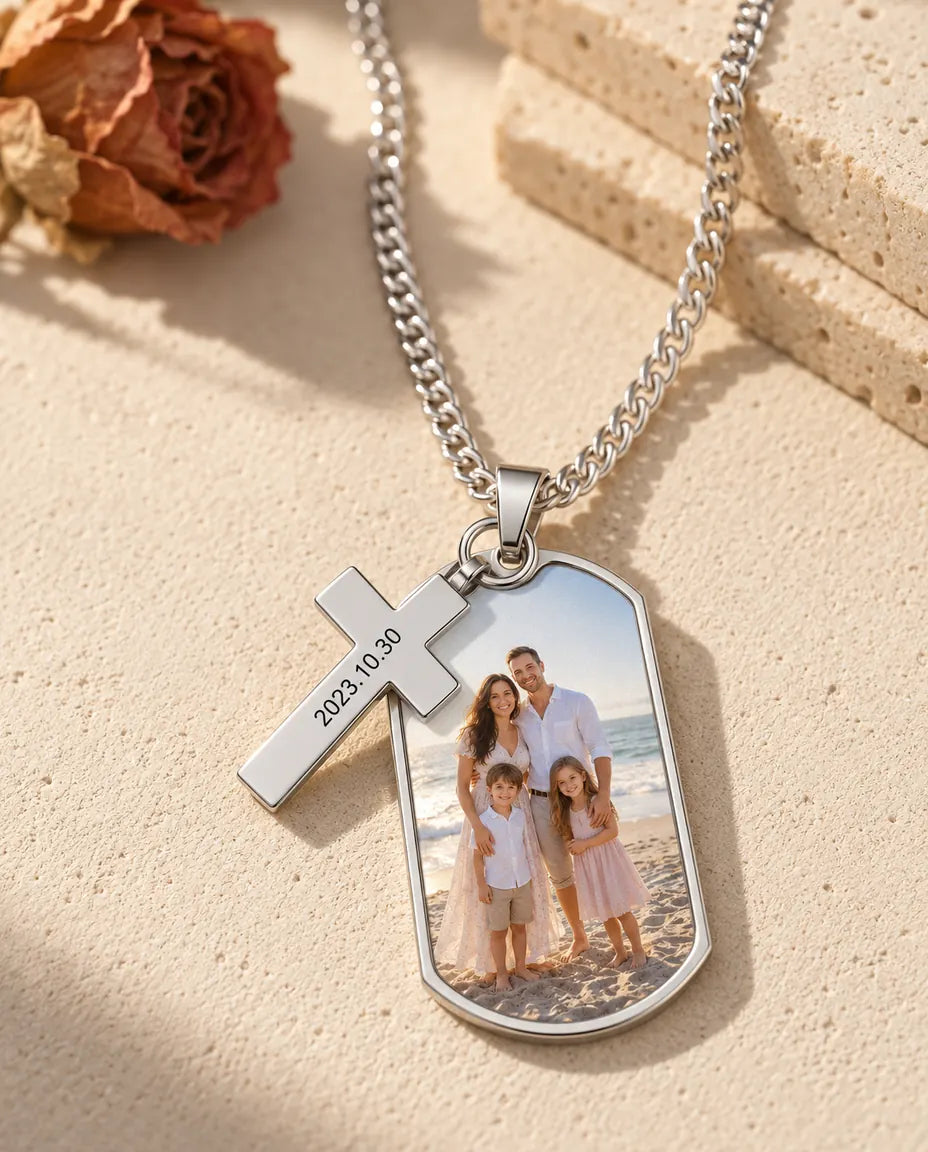 Photo dog tag necklace with a colour family photo and a small cross engraved with a date