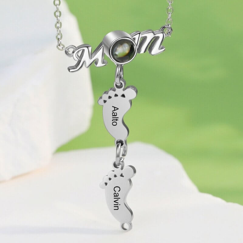 Photo Projection Mom Necklace with Engraved Baby Feet Charms