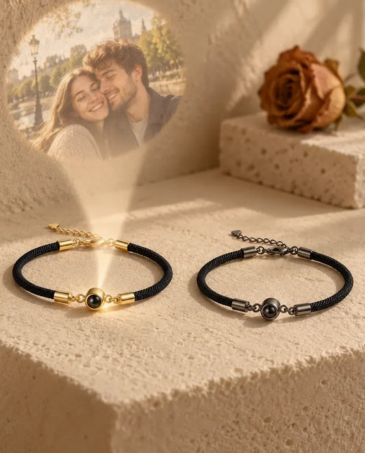 Photo Projection Couple Bracelets - projecting the hidden photo onto a wall