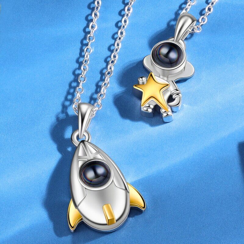 Photo Projection Rocket and Astronaut Couple Necklaces