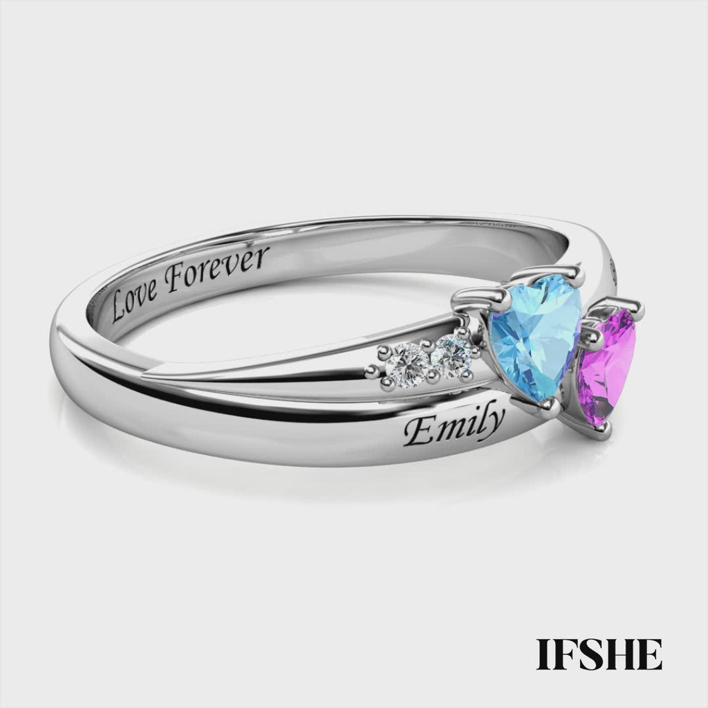 Personalised Two Heart Birthstones Ring with Two Engraved Names Sterling Silver