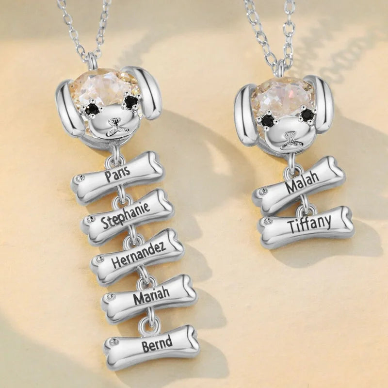 Personalised Mum Necklace with Children's Names | Puppy and Bone Charms Birthstone Necklace for Mum