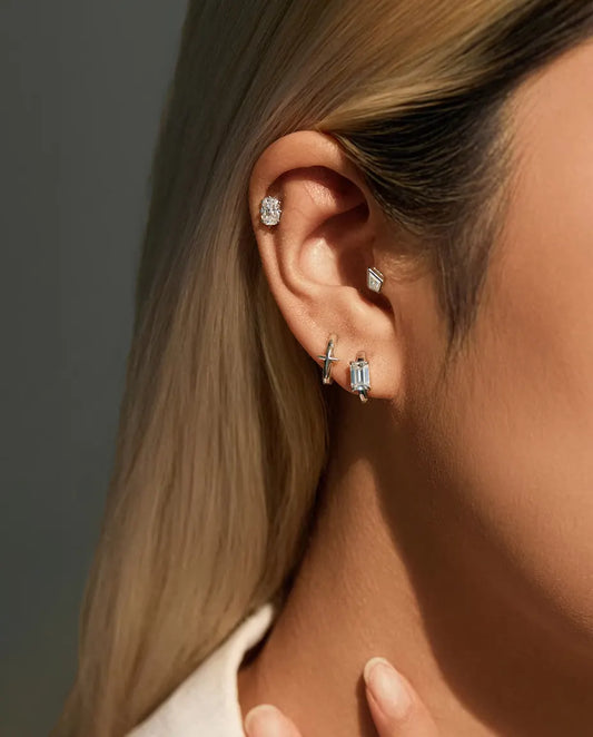 Radiant Cut Moissanite Stud Earrings in 925 Sterling Silver - worn in the ear, close-up