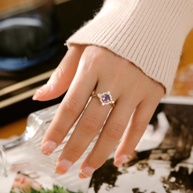 Round Shaped Amethyst Engagement Ring with Moissanite