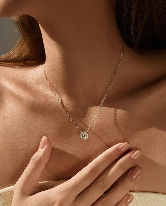 Round Moissanite Halo Jewellery Set in 925 Sterling Silver - necklace worn on a model