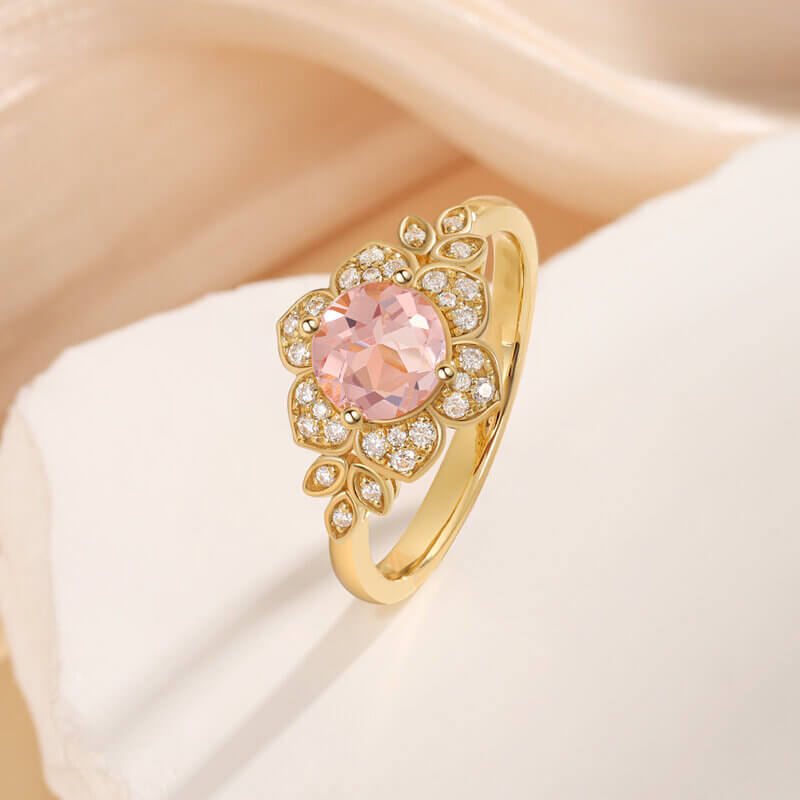 Round Shaped Morganite Engagement Ring Set with Moissanite 14/18k Yellow Gold