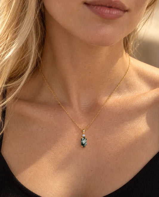 Hexagon Moss Agate Drop Necklace in 925 Sterling Silver - worn on a model, close-up at the collarbone
