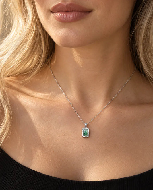 Rectangle Moss Agate Halo Necklace in 925 Sterling Silver - worn on a model, close-up at the collarbone