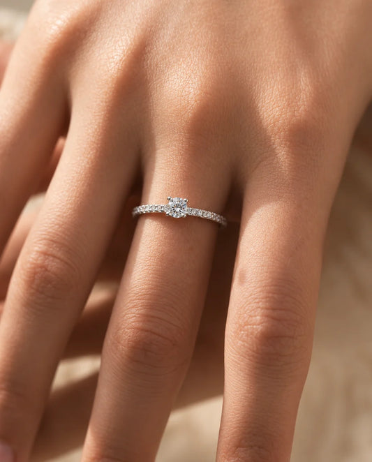 Moissanite Engagement Ring - worn on the hand