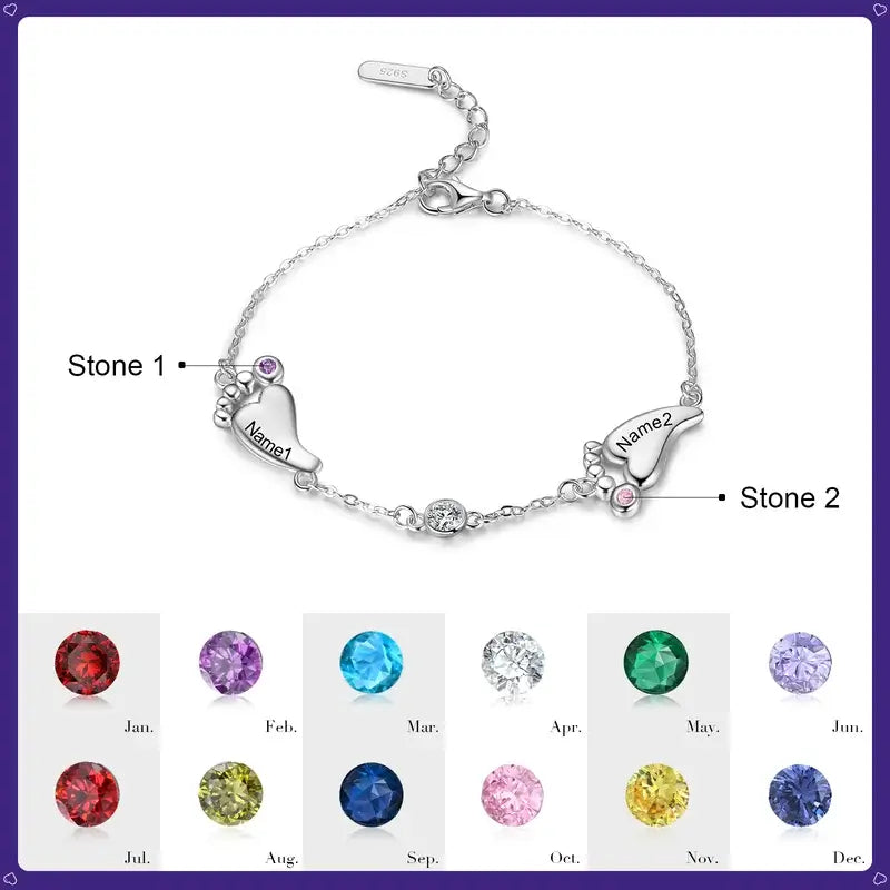 Sterling Silver Baby Feet Personalised Birthstone Bracelet with Children's Names