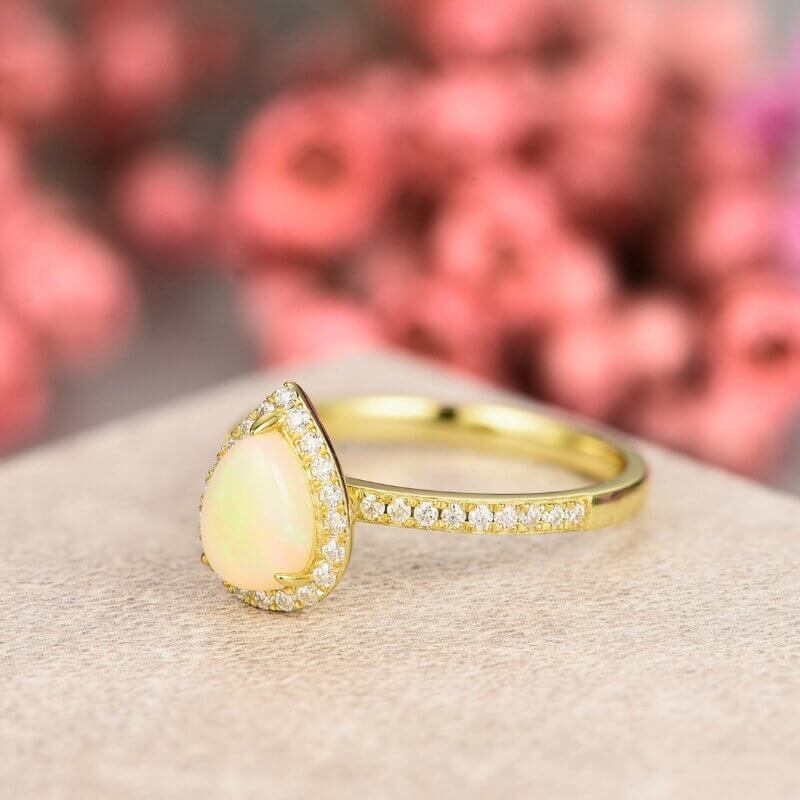 Sterling Silver Pear Shaped Opal Engagement Halo Ring