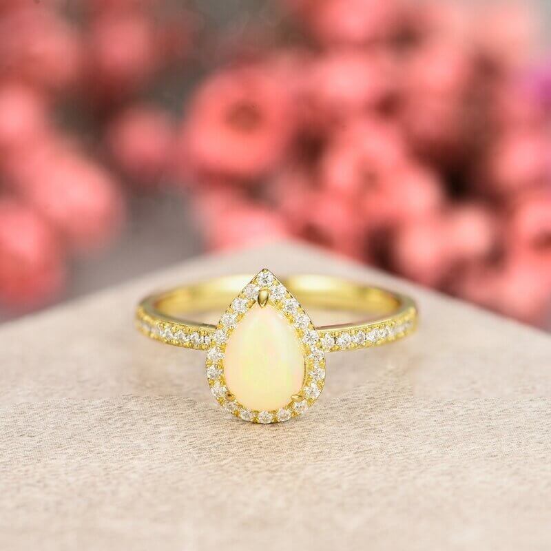 Sterling Silver Pear Shaped Opal Engagement Halo Ring