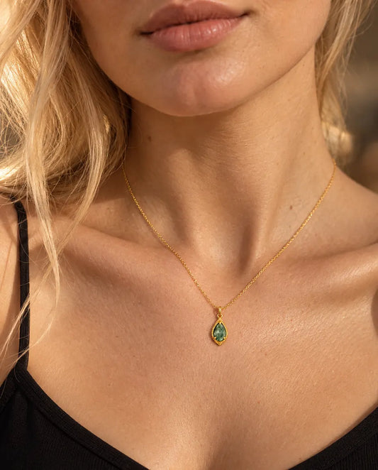 Teardrop Moss Agate Necklace in 10K Gold Plated 925 Sterling Silver - worn on a model, close-up at the collarbone