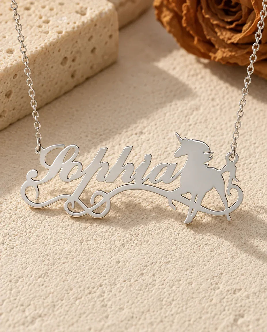 Unicorn Name Necklace - front view in silver