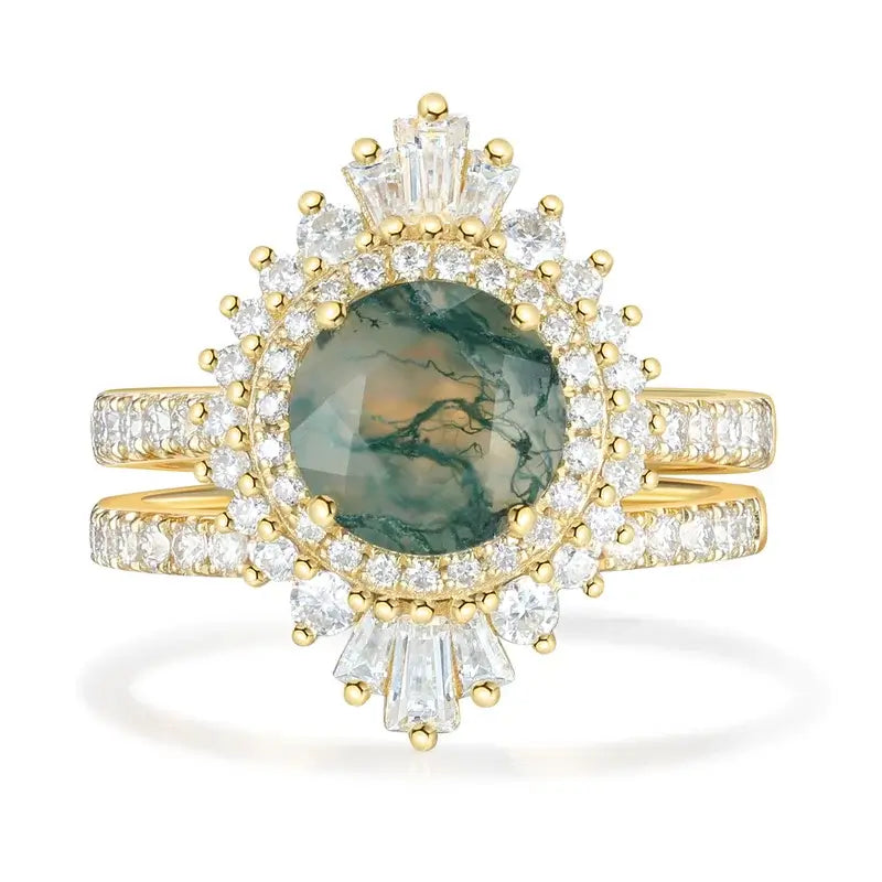 Vintage Moss Agate Engagement Ring Set with Moissanite