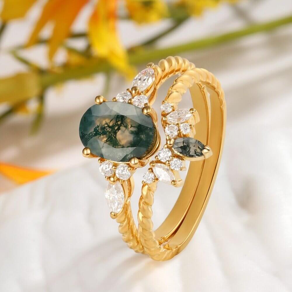 Vintage Oval Shaped Moss Agate Engagement Ring Set with Moissanite 18K Gold