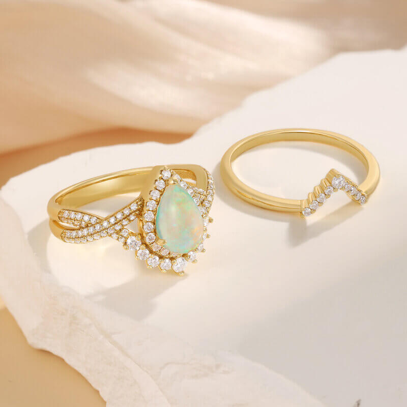 Vintage Pear Shaped Opal Engagement Ring Set with Moissanite