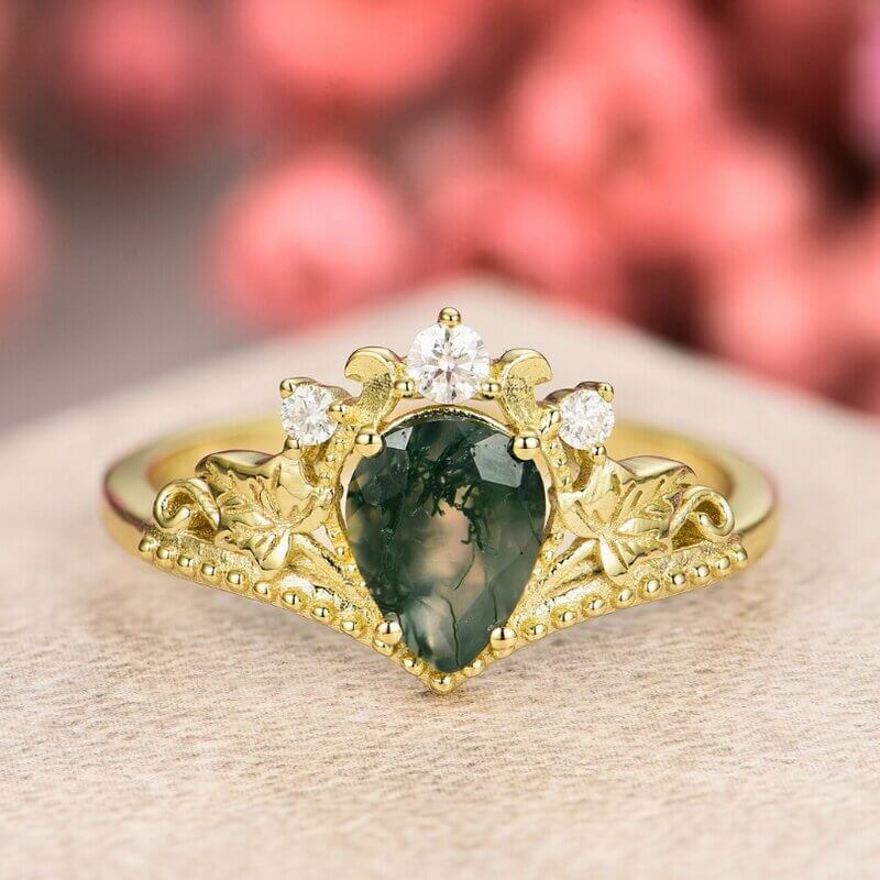 Vintage Pear Shaped Moss Agate Ring Sterling Silver