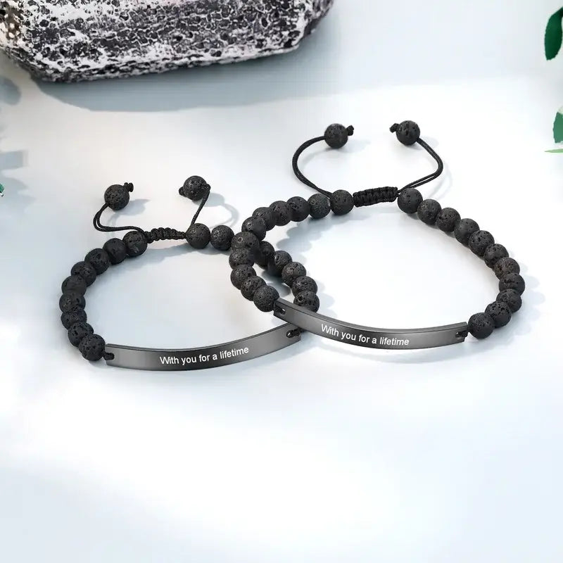 Volcanic Stone Beads Personalised Engraved Bar Couple Bracelets