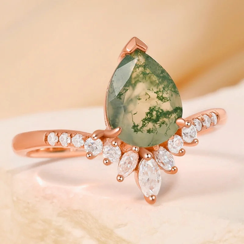 Moss Agate Ring Pear Shape Moss Engagement Ring