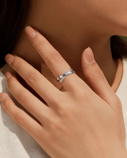 X shape criss cross ring with pave stars in 925 sterling silver