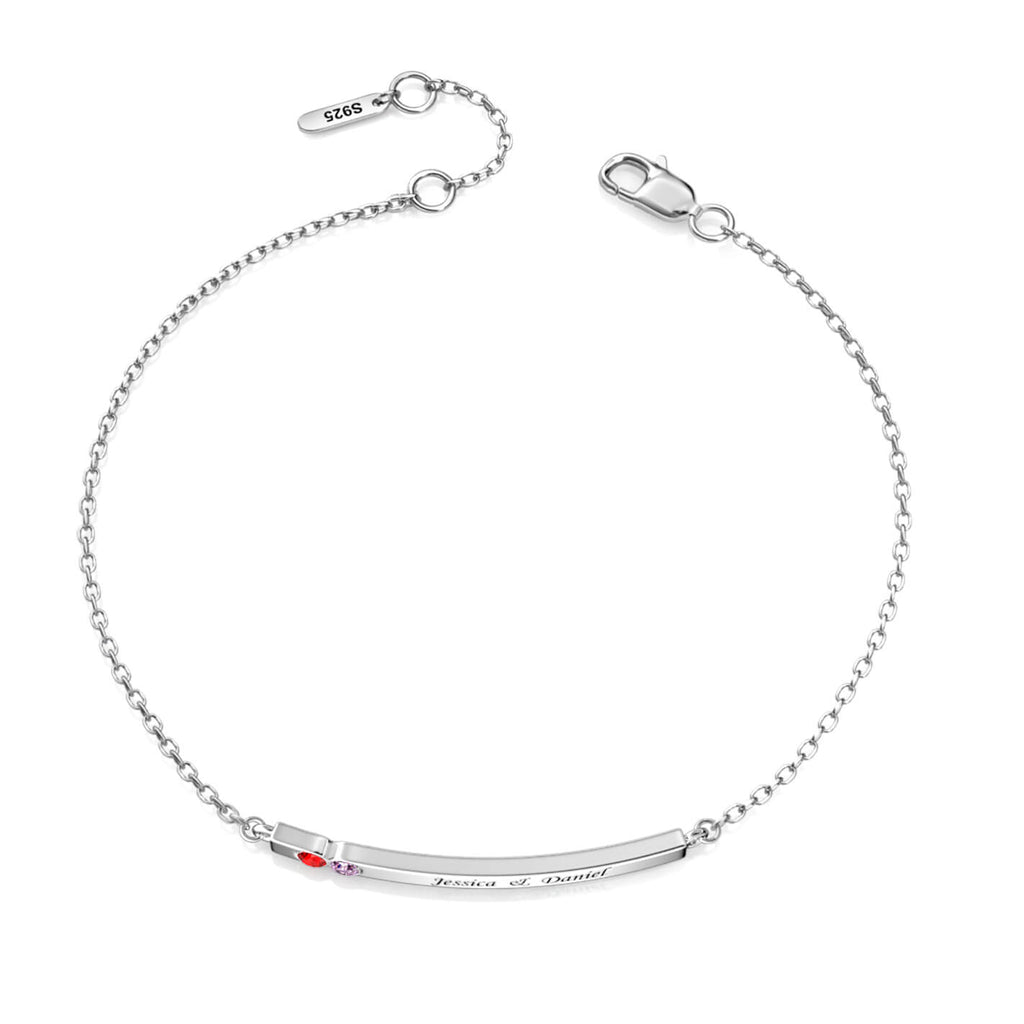 Personalised Engraved Bar Bracelet with Two Birthstones Sterling Silver