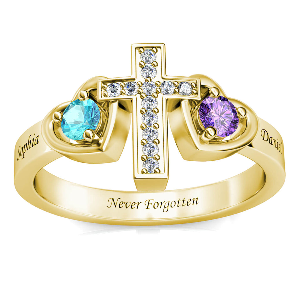 Cross Personalised Birthstones Ring with Engraved Names Yellow Gold