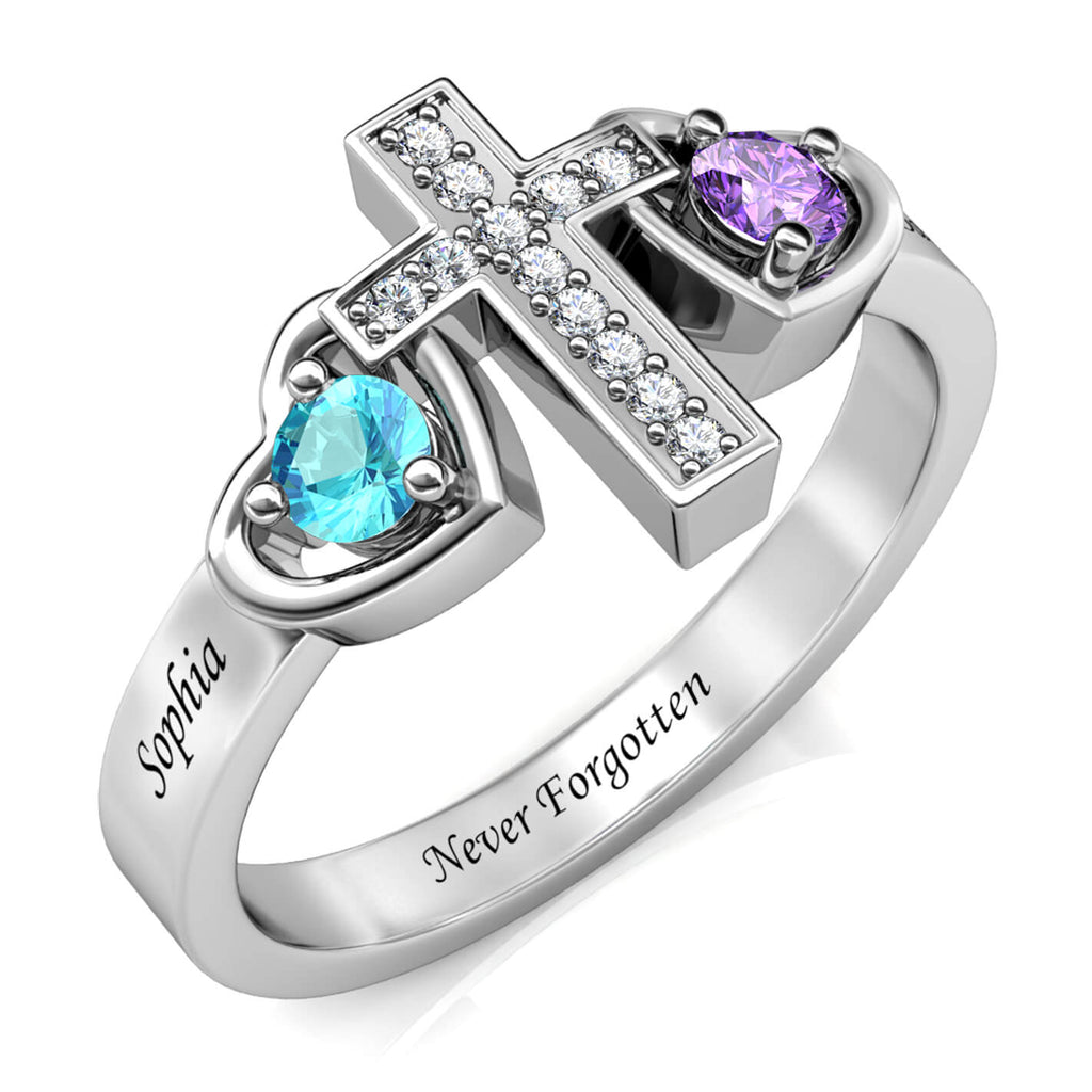 Cross Personalised Birthstones Ring with Engraved Names Sterling Silver