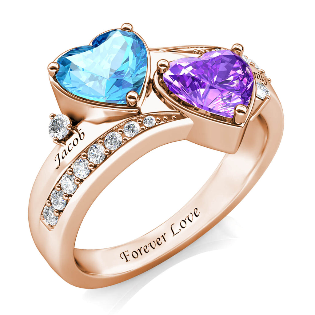 Heart Personalised Birthstones Ring with Engraved Names Rose Gold