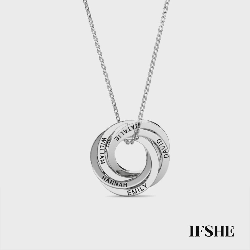 Personalised Russian 5 Ring Necklace with Engraved Names Sterling Silver
