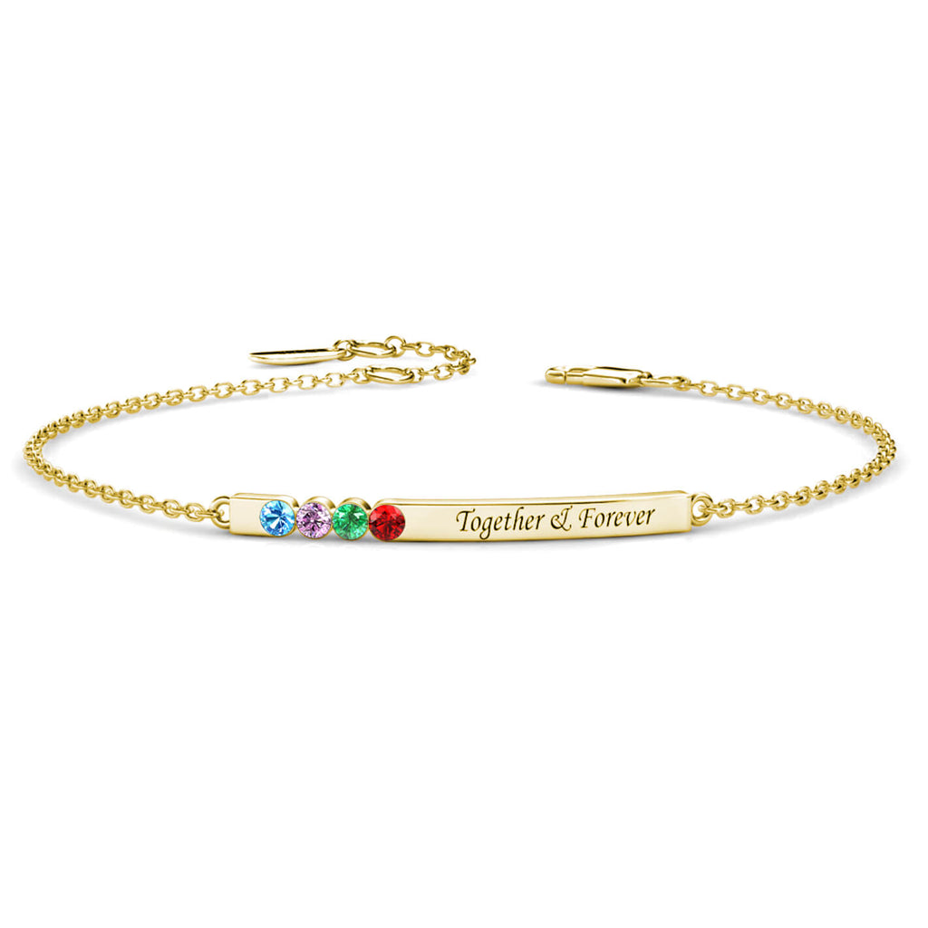 Personalised Engraved Bar Bracelet with Four Birthstones Sterling Silver Yellow Gold