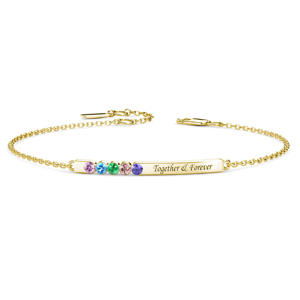 Personalised Engraved Bar Bracelet with Five Birthstones Sterling Silver Yellow Gold