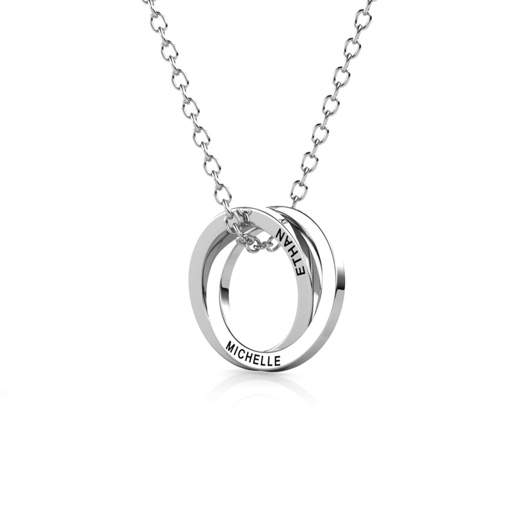 Personalised Russian 2 Ring Necklace with Engraved Names Sterling Silver