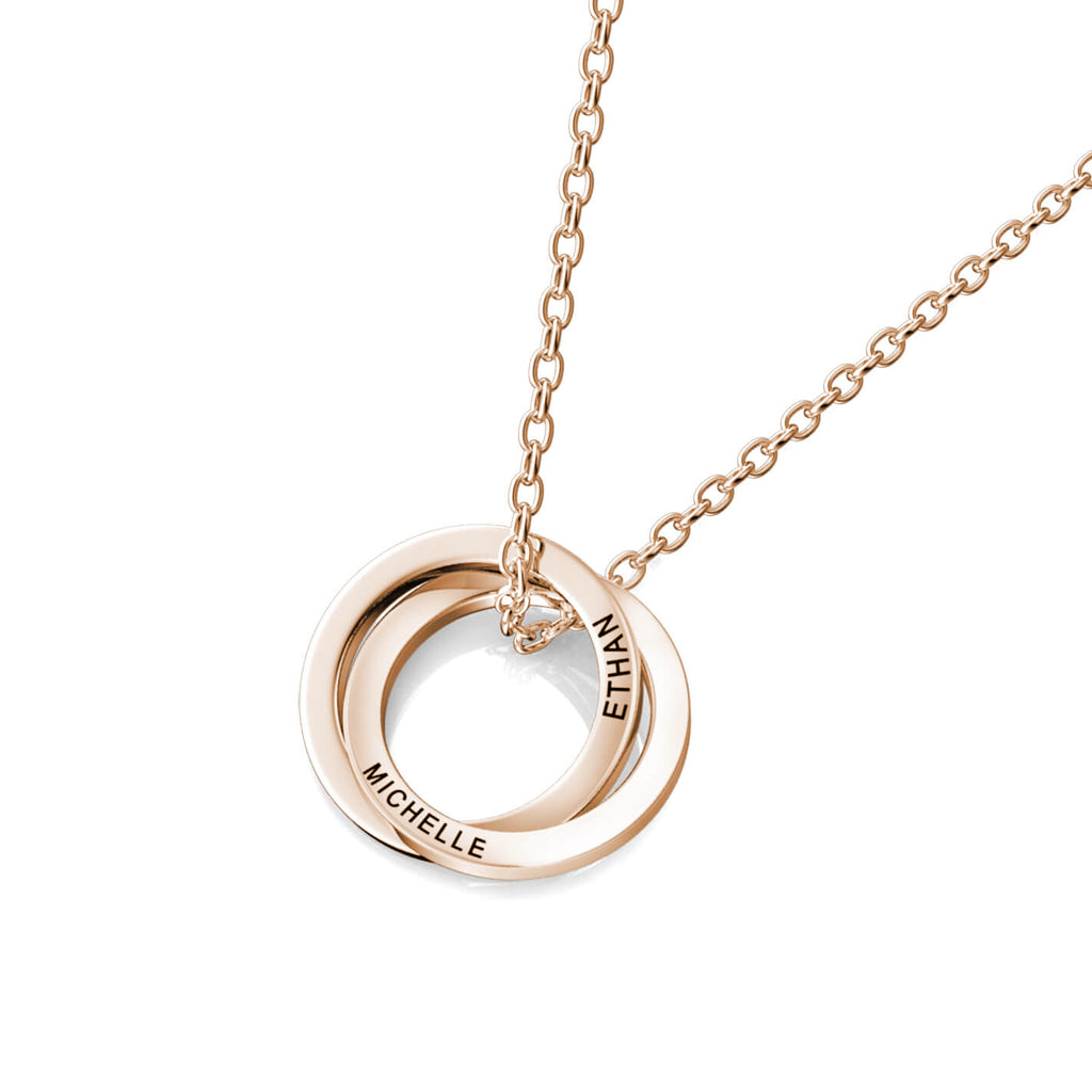 Personalised Russian 2 Ring Necklace with Engraved 2 Names Rose Gold