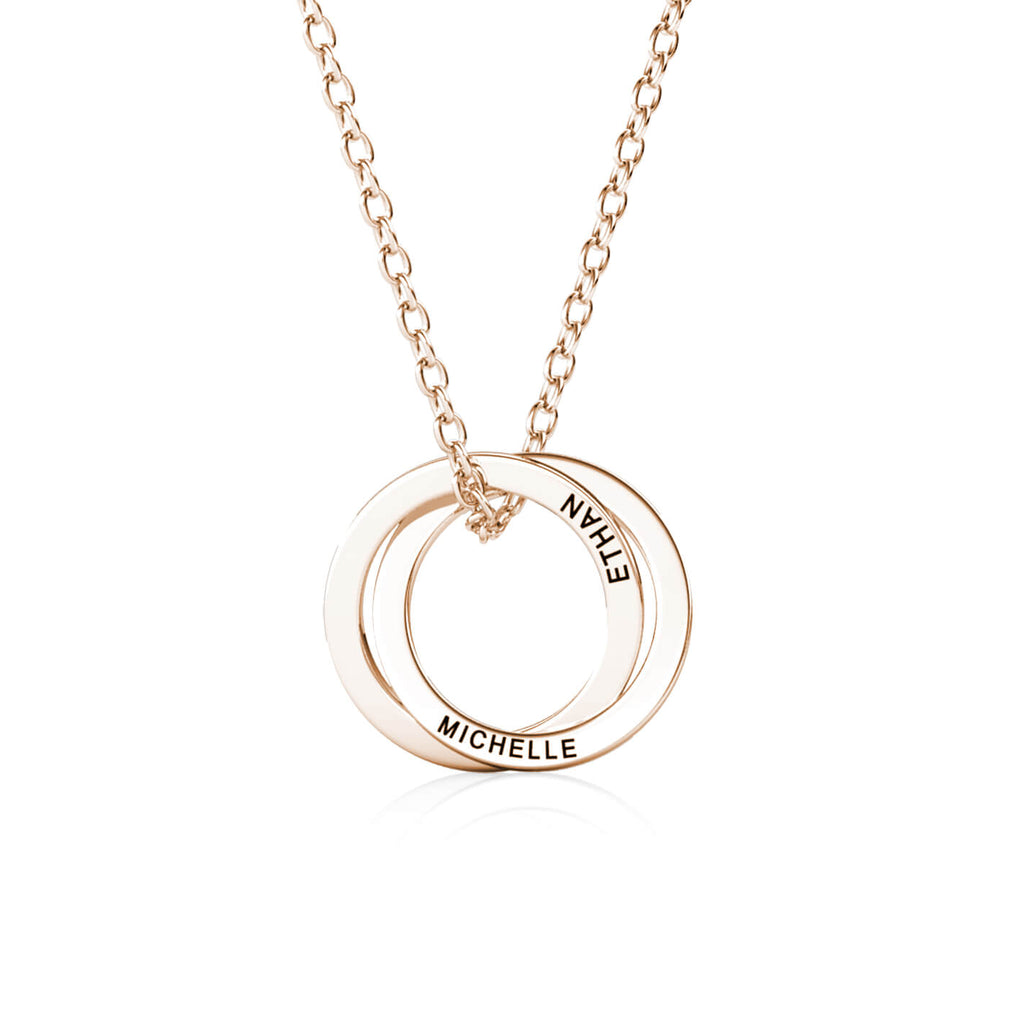 Personalised Russian 2 Ring Necklace with Engraved 2 Names Rose Gold